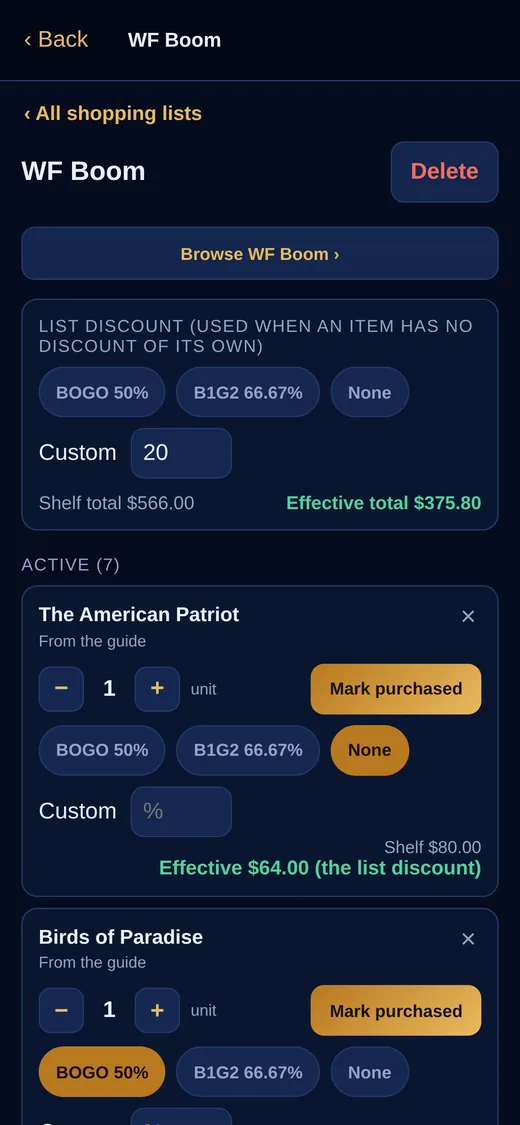 A store shopping list with prices and a running total