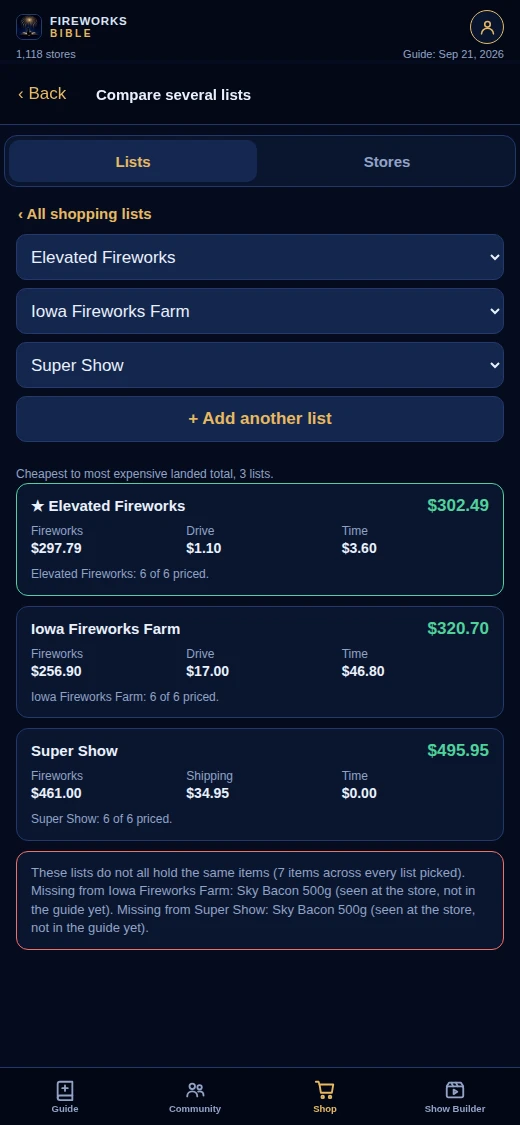 Compare three stores side by side